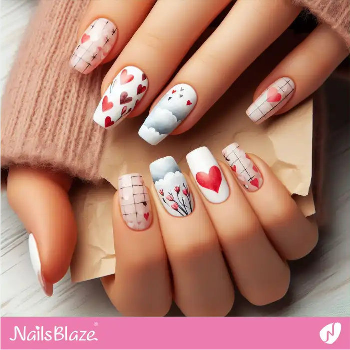 Valentine Heart Nails with Cloud Design | Valentine Nails - NB2427